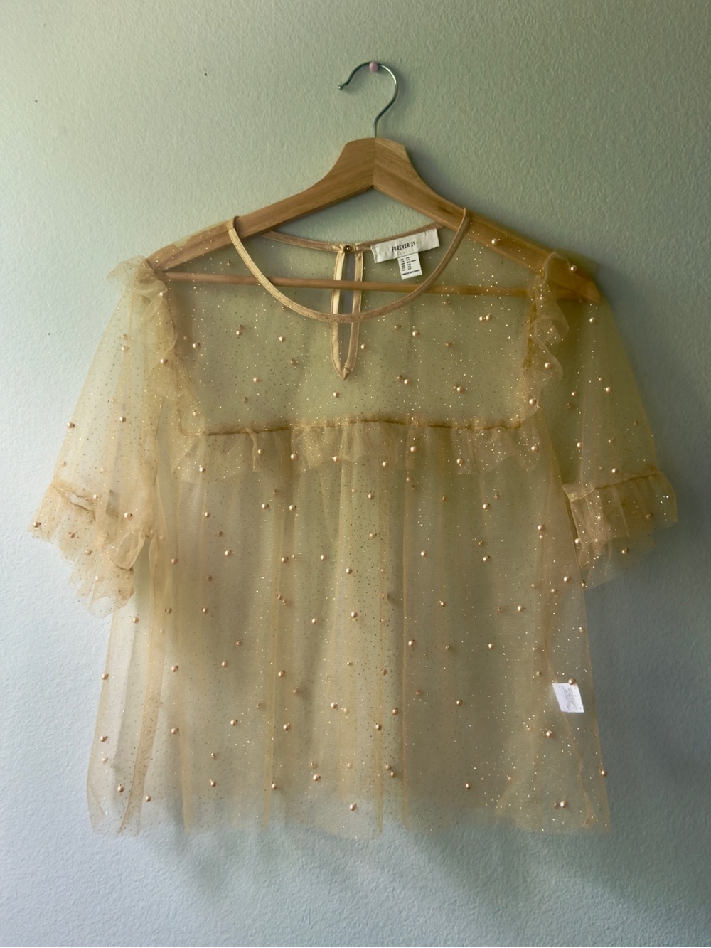 Forever 21 Sheer Gold Beaded Ruffle Sleeve Blouse